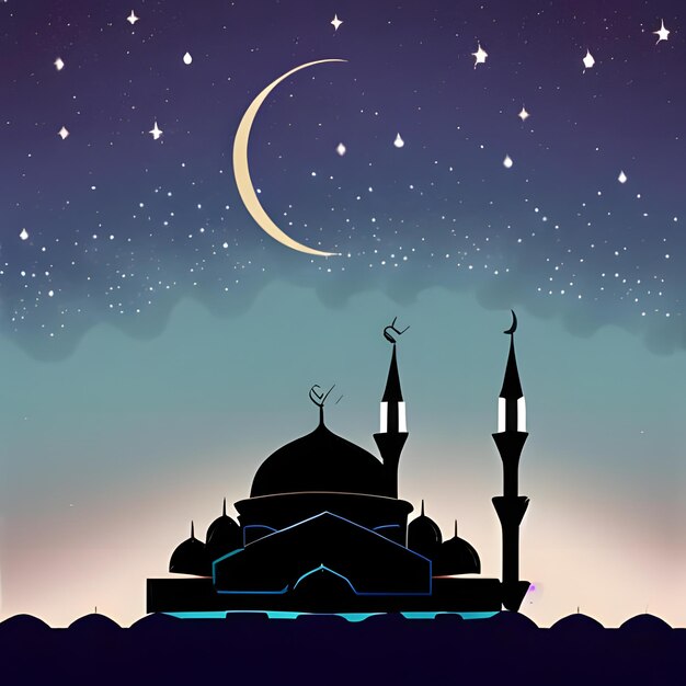 A Silhouette Of A Mosque With A Crescent Moon And Stars In The Night Sky 0