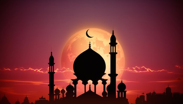 A silhouette of a mosque with a full moon in the background.