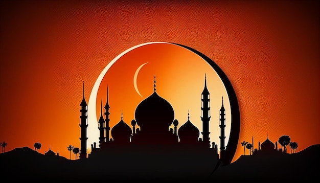 A silhouette of a mosque with a full moon in the background