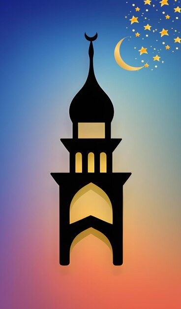 A silhouette of a mosque with a moon and stars