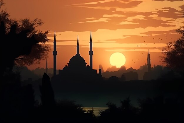 silhouette mosque with sunset light with copy space