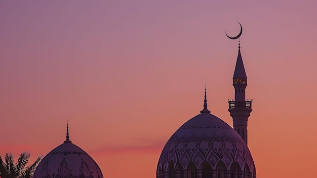 Photo silhouette of mosques dome on dusk sunset sky and crescent moon symbol religion of islamic