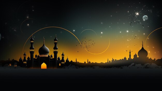 Foto silhouette mosche dome con torri contro il bellissimo golden sunrise sky sfondio in vista panoramica disegno di sfondo per il periodo di iftar durante il mese sacro del ramadan