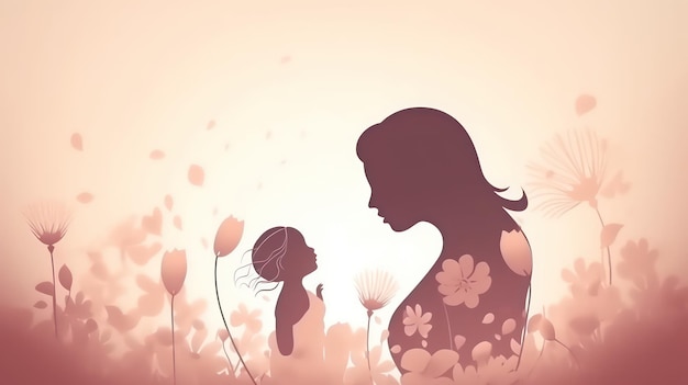 Silhouette of a mother and baby on a pink background