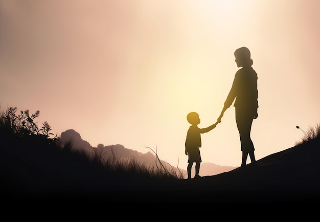 Silhouette of a mother and child holding hands and looking at the sunset