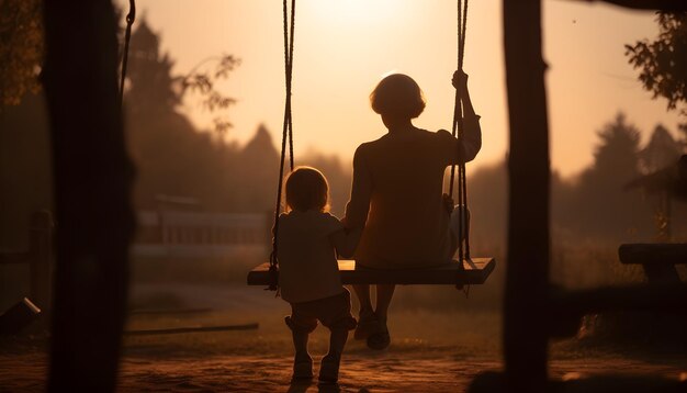 Silhouette of a mother and child playing on a swing at sunset