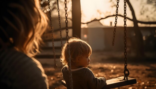 Silhouette of a mother and child playing on a swing at sunset