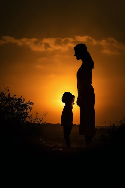 A silhouette of a mother and child standing in front of a sunset