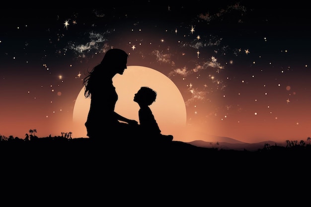 Photo a silhouette of a mother and child with space