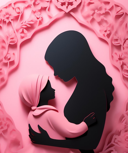 히자브를 입은 어머니와 그녀의 아기의 실루은 분홍색 배경의 종이 절단 예술에서 슈퍼 클로즈업입니다.