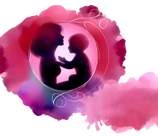 Foto silhouette di una madre che tiene in braccio un bambino con un vivace sfondo in acquerello