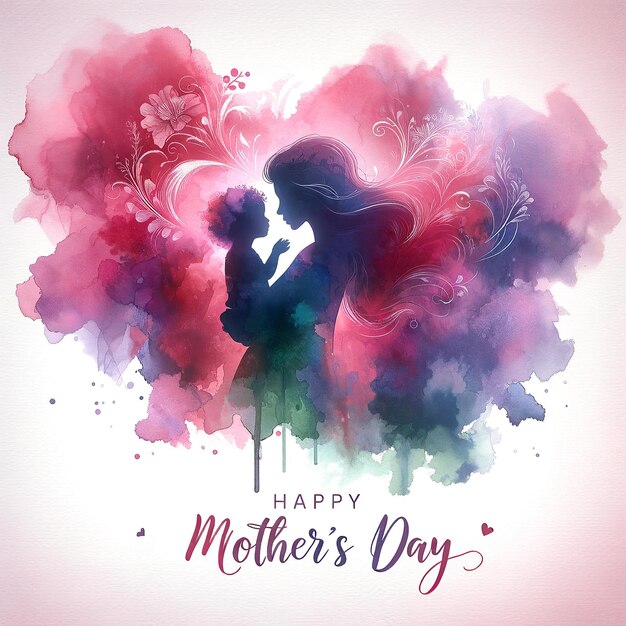 Silhouette mother holding child with vibrant watercolor splash background Happy Mothers Day text