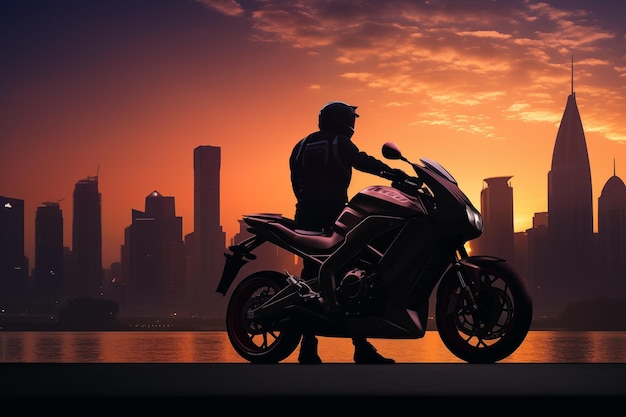 Silhouette of motorbike against city skyline at sunset Generative AI