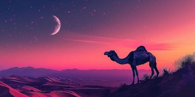 Silhouette of a mountain camel with crescent moon to the left night landscape for Islamic theme