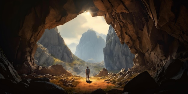 山の洞窟の入り口の前に立つ登山者のシルエット