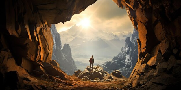 Silhouette of a mountain climber in front of a cave entrance in the mountains