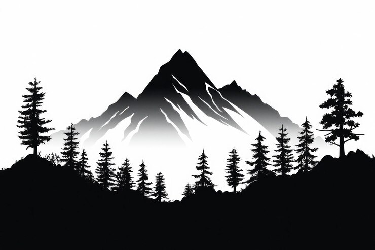 Photo silhouette of a mountain range with trees in the foreground