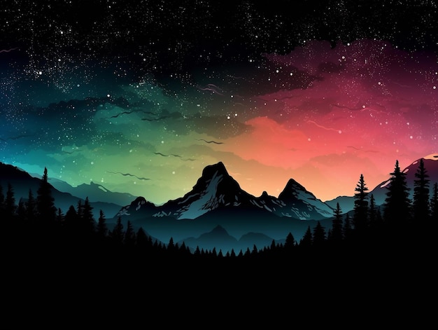 Silhouette mountain with aurora background