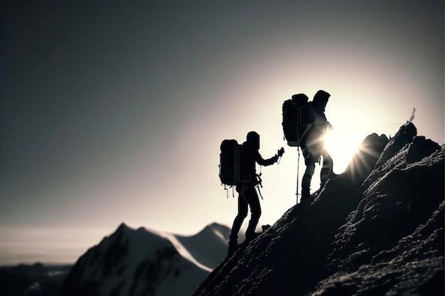 Silhouette of mountaineer holding her friend's hand