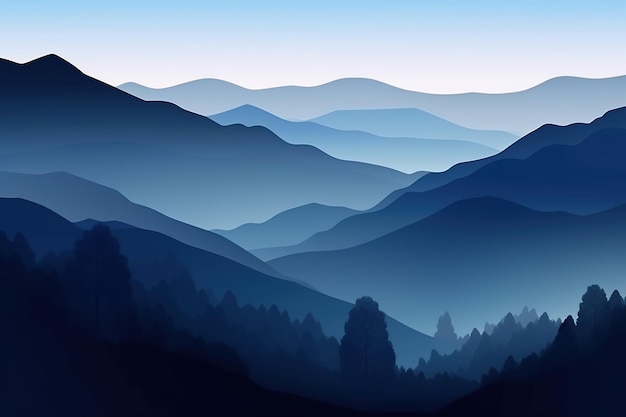 Silhouette of mountains in the fog in the morning in blue shades generative ai