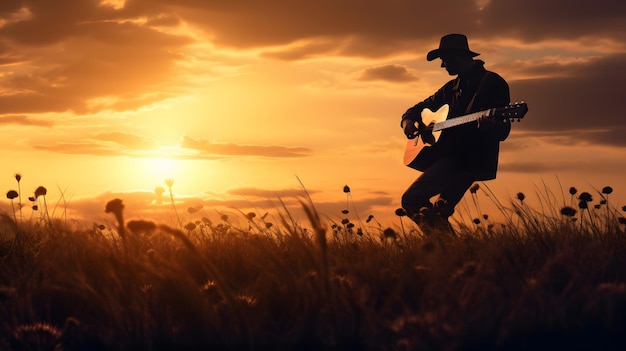 Foto silhouette di un artista musicista con una chitarra acustica