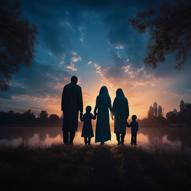 Photo silhouette of muslim family holding hands together while walking toward city at sunrise time