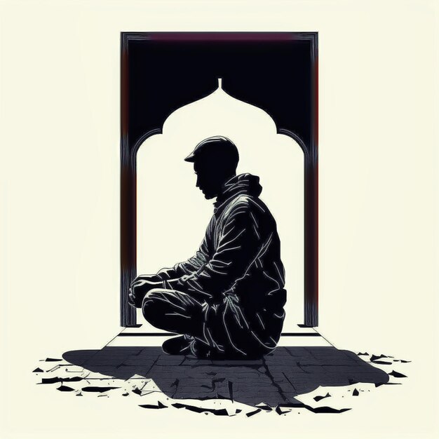 Silhouette of muslim man having worship and praying for fasting and Eid of Islam culture in old mosque Generative AI