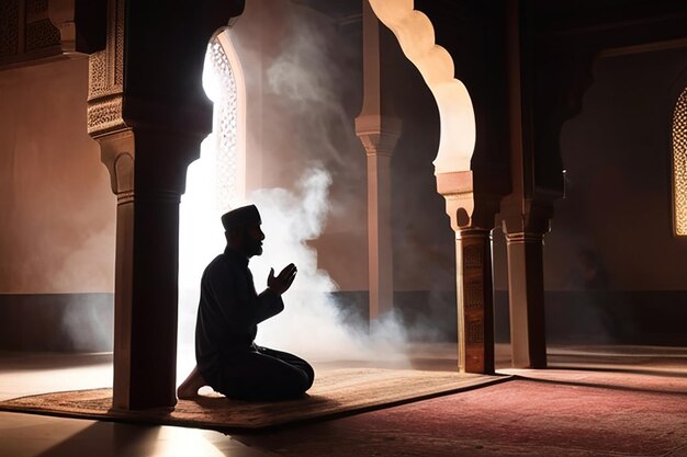 Photo silhouette of muslim man having worship and praying for fasting