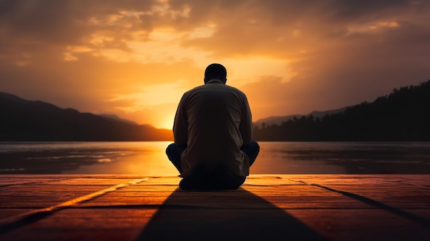 日の出時に湖で祈るイスラム教徒の男性のシルエット