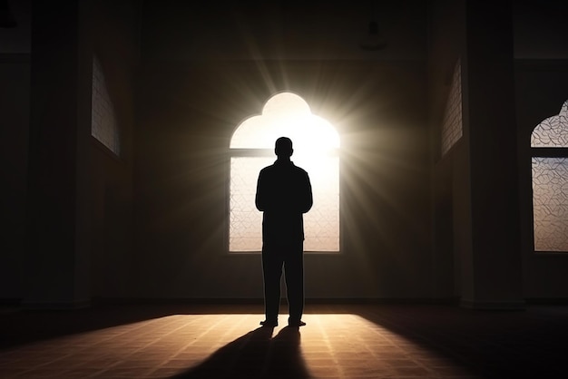 Фото Силуэт мусульманского мужчины, молящегося в мечети
