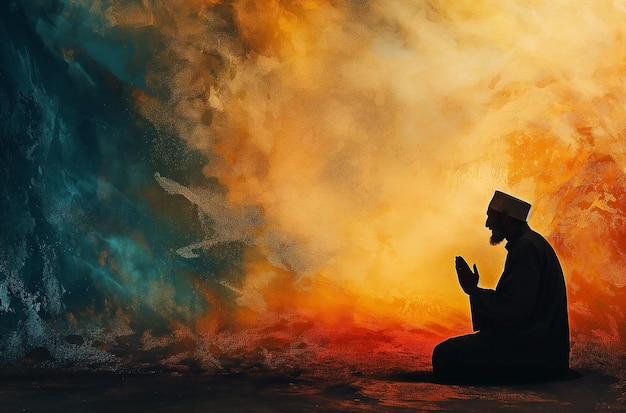 Silhouette of muslim man sitting while raised hands and praying in mosque with Islamic concept