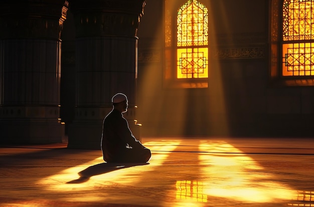 Silhouette of muslim man sitting while raised hands and praying in mosque with Islamic concept