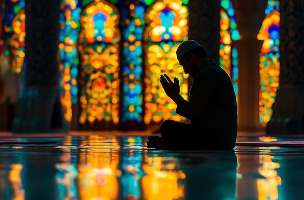 Silhouette of muslim man sitting while raised hands and praying in mosque with Islamic concept