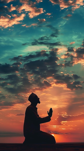 Silhouette of muslim man sitting while raised hands and praying in mosque with Islamic concept