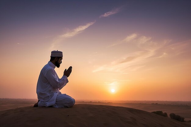 Foto silhouette di un musulmano che prega al tramonto