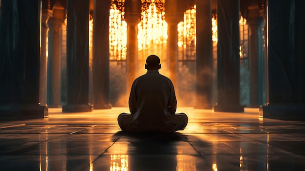 Photo silhouette of a muslim praying in a mosque