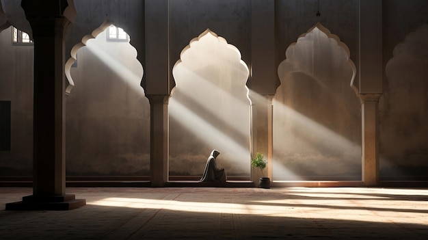 Silhouette of muslim woman praying inside the mosque