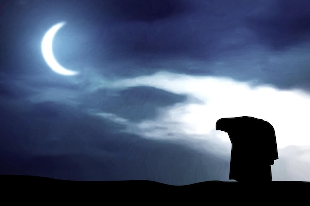 Silhouette of muslim woman in veil in praying position salat
with the night scene background