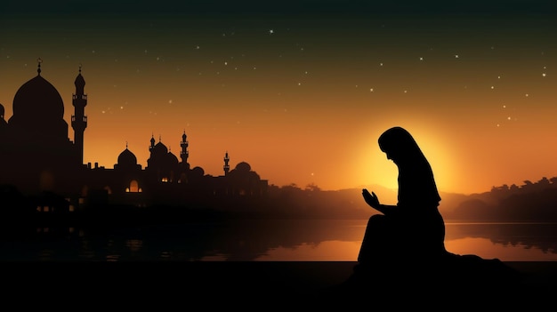 Photo silhouette of muslim woman in veil in praying