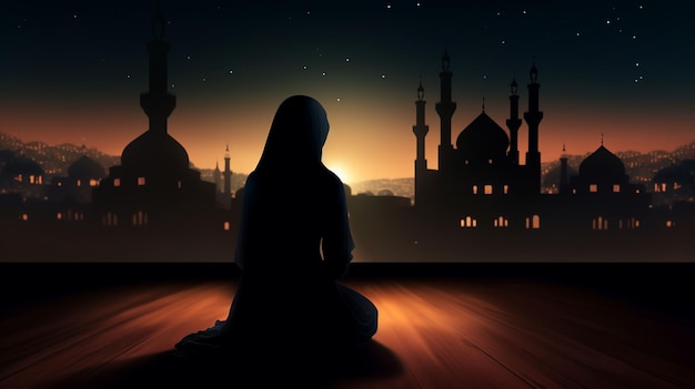 Silhouette of muslim woman in veil in praying