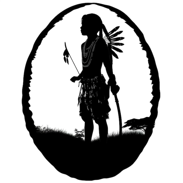 A silhouette of a native american man holding a spear generative ai image