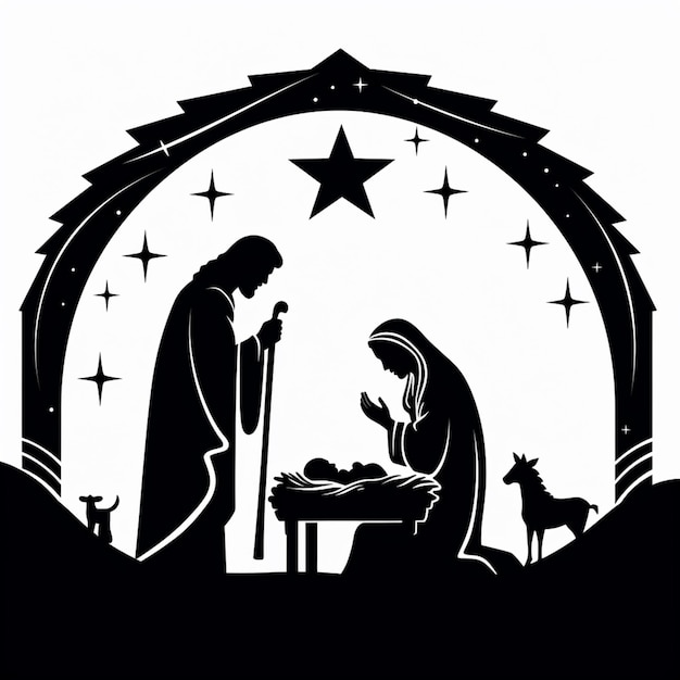 Photo a silhouette of a nativity scene with a manger scene and a star generative ai