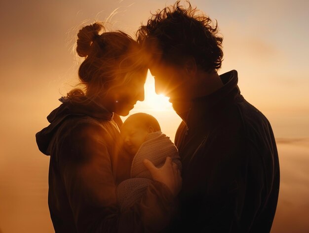 Photo silhouette of new parents with their child at sunset