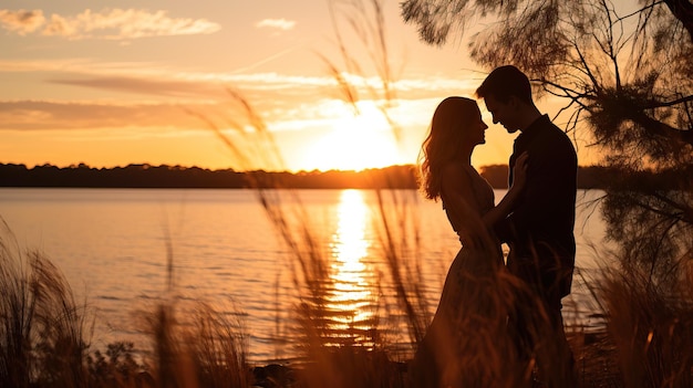 Silhouette of a newlywed couple on the beach at sunset