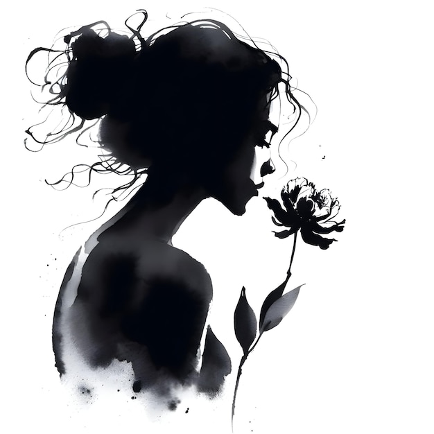 写真 白い背景に花を飾った美しい女の子のシルエット