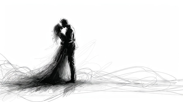 写真 白い背景の花嫁と新郎のシルエット スケッチ絵画イラスト