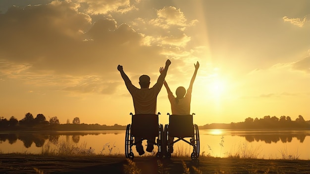 写真 夕暮れに妻と一緒に車椅子に座っている障害者のシルエット