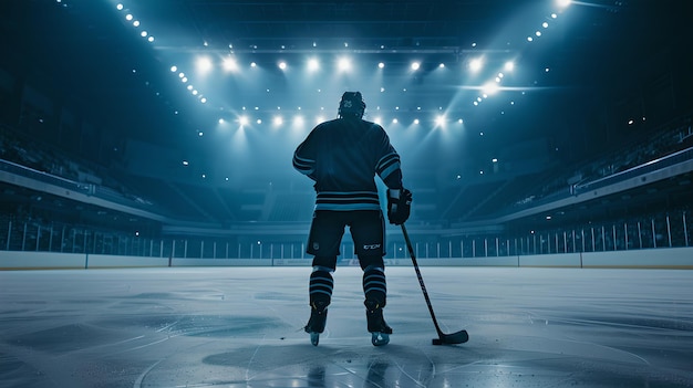 Фото Силуэт хоккеиста, готового к действию на льду под огнями арены, захватывающий интенсивную атмосферу перед началом игры, идеально подходит для спорта и соревнований.