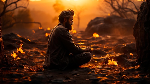 Фото Силуэт человека, молящегося в поле при заходе солнца концепция религии