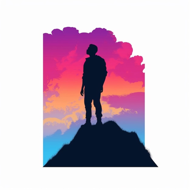 Фото Силуэт человека, стоящего на горе на фоне заката генеративный ии